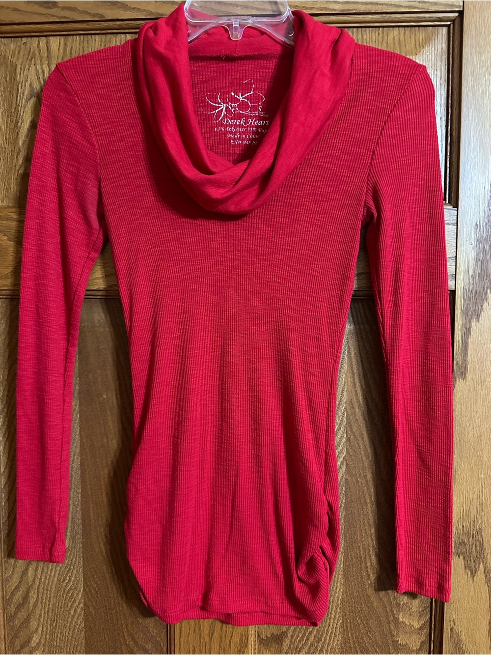 Derek Heart Red Ribbed Cowl Neck Long Sleeve Top